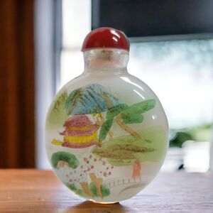 VTG Chinese Reverse Painted Glass Mountain Landscape Snuff Bottle Red Stopper